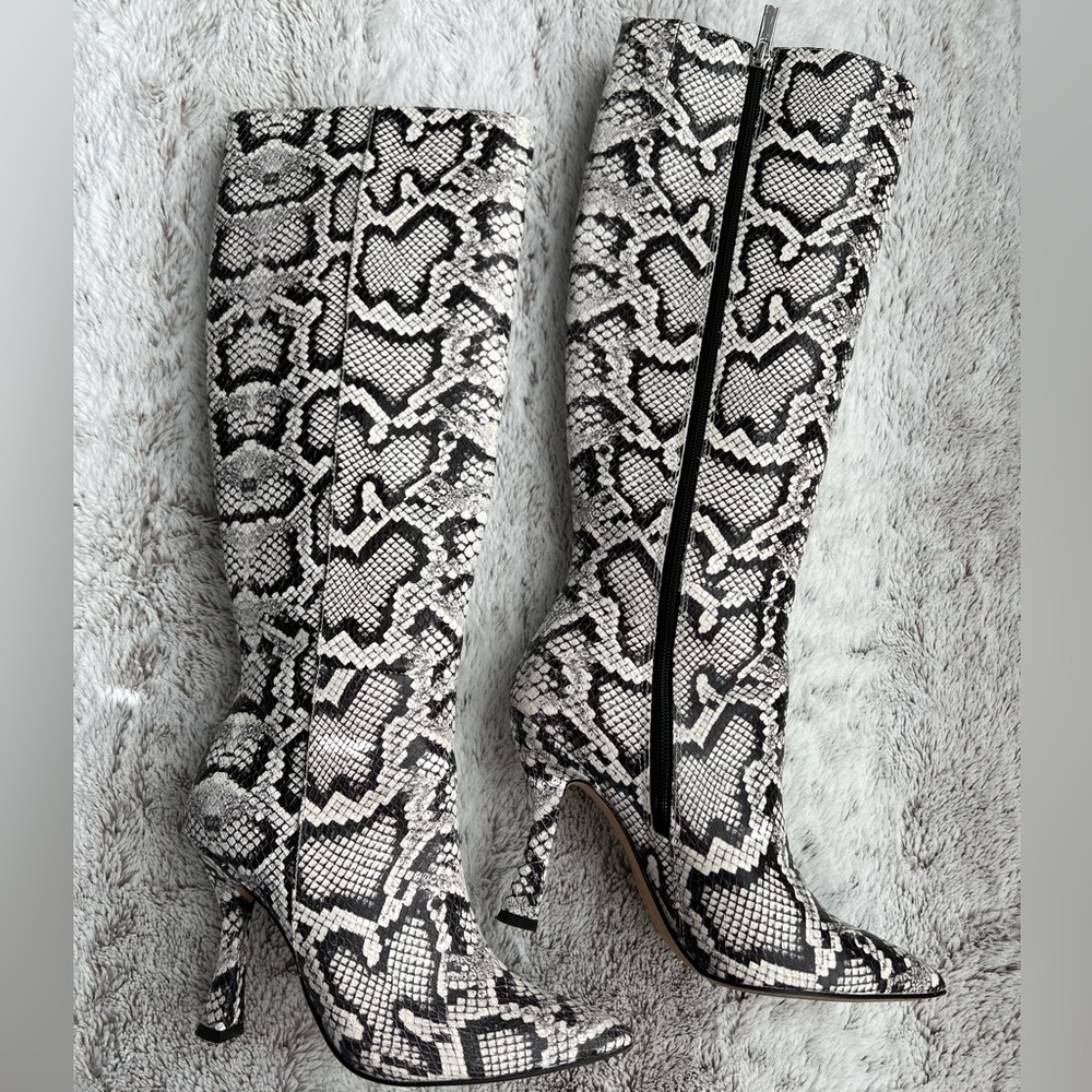 Gianni Bini Black and White Snakeskin Knee-High Heeled Boots
